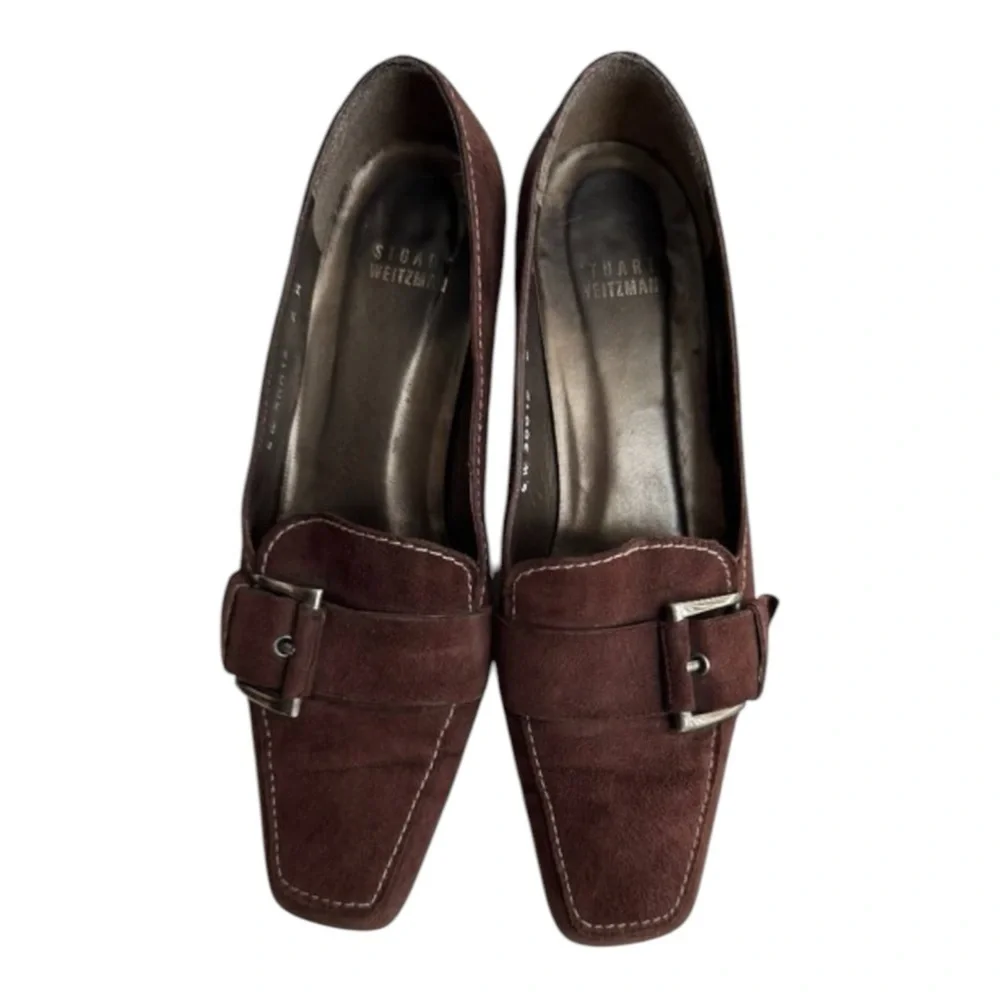 Stuart Weitzman Brown Suede Loafers Silver Buckle Kitten Heel Pumps Size 7.5 M - Picture 10 of 14